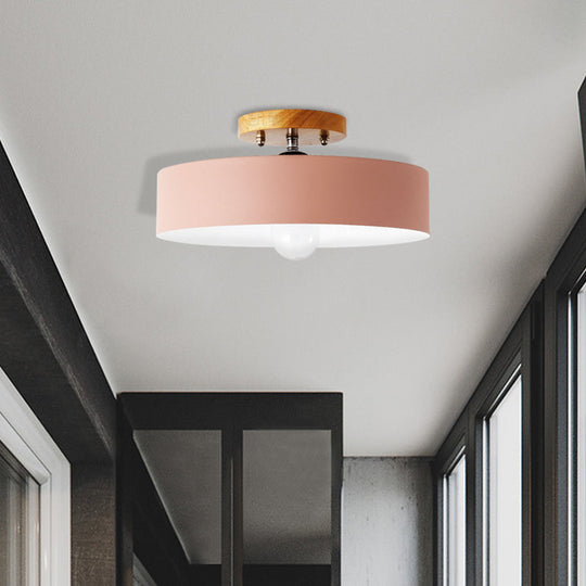 Modern Semi-Mount Drum Light: 1-Light 12" W Metal Fixture in Gray/White/Red/Pink for Living Room Ceiling