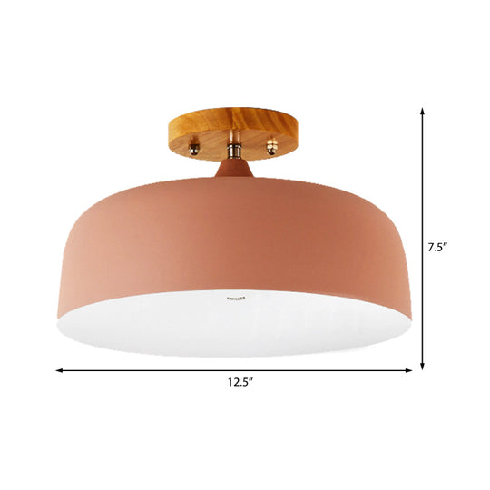 Semi-Flushmount Ceiling Light: 1-Light Gray W/ White Pink & Green Drum Lampshade - Simple Stylish