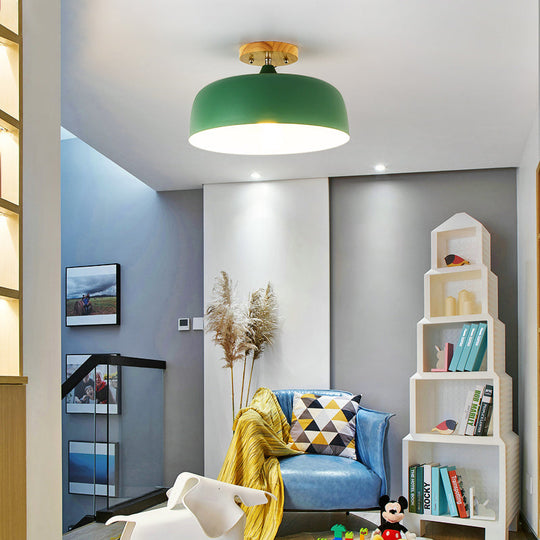 Semi-Flushmount Ceiling Light: 1-Light Gray W/ White Pink & Green Drum Lampshade - Simple Stylish