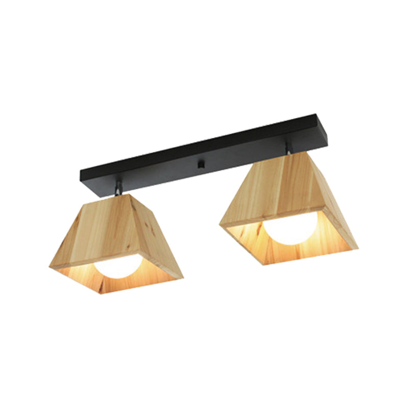 Modern Black/White Linear Semi Flushmount Lamp with Trapezoid Wooden Shade