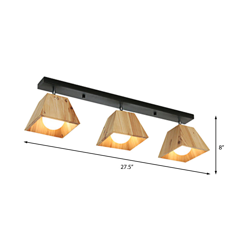 Modern Black/White Linear Semi Flushmount Lamp with Trapezoid Wooden Shade