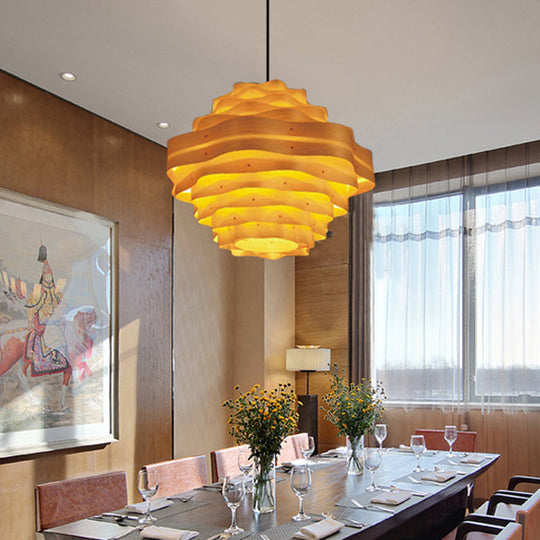 Dining Room Pendant Lamp: Asia Beige Hanging Light With Tiered Wood Shade