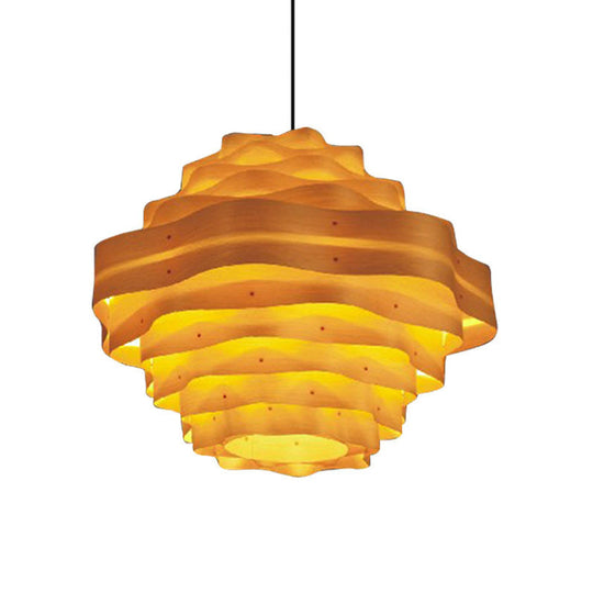 Dining Room Pendant Lamp: Asia Beige Hanging Light With Tiered Wood Shade