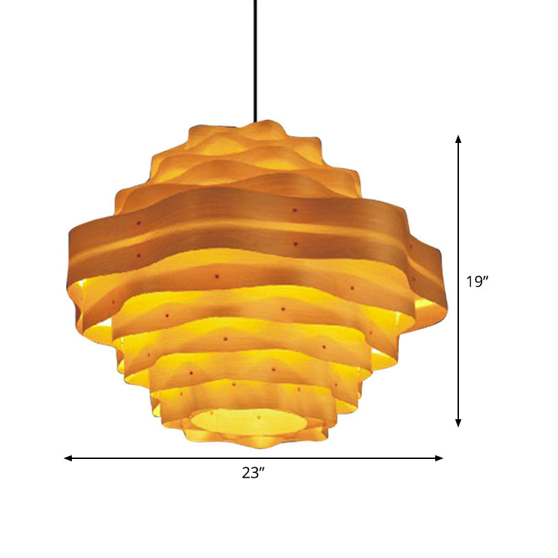 Dining Room Pendant Lamp: Asia Beige Hanging Light With Tiered Wood Shade