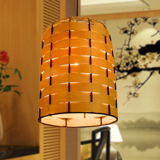 Chinese Wood Cylinder Hanging Ceiling Light 1 Head Beige Down Lighting 10/12 Wide / 10