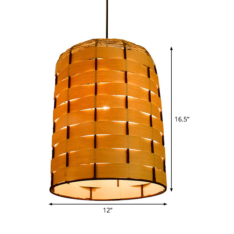 Chinese Wood Cylinder Hanging Ceiling Light 1 Head Beige Down Lighting 10/12 Wide