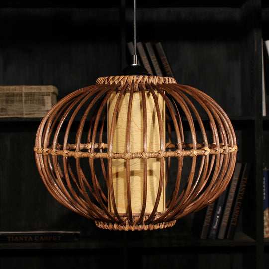 Bamboo Lantern Ceiling Light: Asian-Style Brown Pendant With Inner Cylinder Parchment Shade