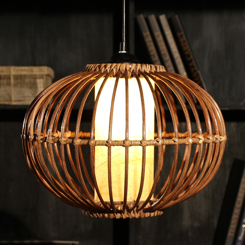 Bamboo Lantern Ceiling Light: Asian-Style Brown Pendant With Inner Cylinder Parchment Shade