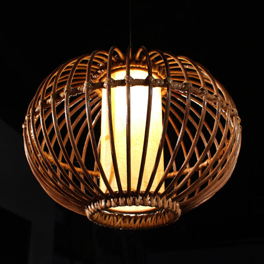 Bamboo Lantern Ceiling Light: Asian-Style Brown Pendant With Inner Cylinder Parchment Shade