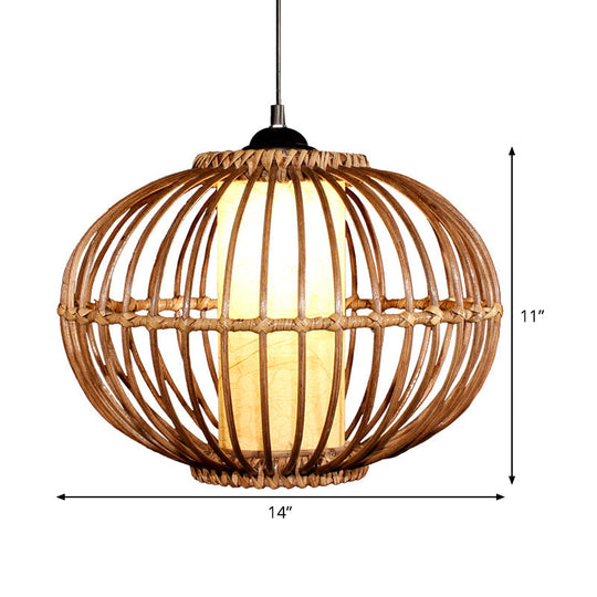 Bamboo Lantern Ceiling Light: Asian-Style Brown Pendant With Inner Cylinder Parchment Shade