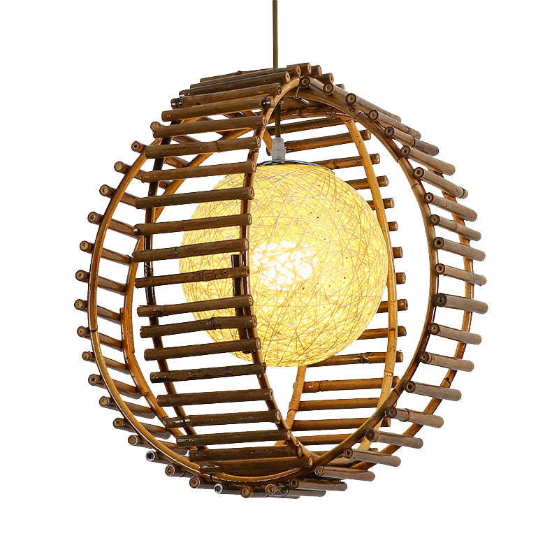 Bamboo Sphere Pendant Light - Asian Style Khaki Ideal For Bedroom Lighting