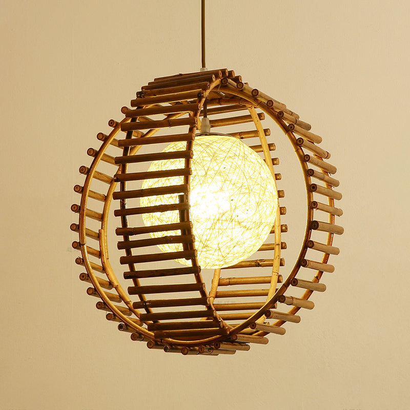 Bamboo Sphere Pendant Light - Asian Style Khaki Ideal For Bedroom Lighting