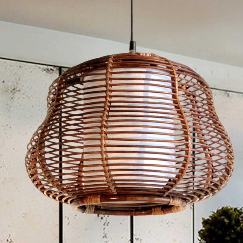 Brown Gourd Pendant Lamp - Asian Inspired Bamboo Hanging Ceiling Light With White Tubular Shade