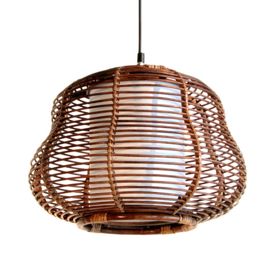 Brown Gourd Pendant Lamp - Asian Inspired Bamboo Hanging Ceiling Light With White Tubular Shade