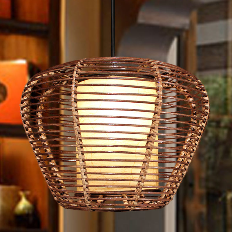 Asian Bamboo Urn Ceiling Lamp With Bulb: Brown Pendant Light Fixture And Cylinder Parchment Shade