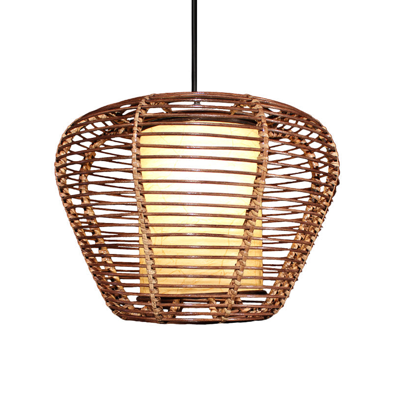 Asian Bamboo Urn Ceiling Lamp With Bulb: Brown Pendant Light Fixture And Cylinder Parchment Shade