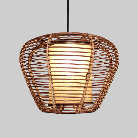 Asian Bamboo Urn Ceiling Lamp With Bulb: Brown Pendant Light Fixture And Cylinder Parchment Shade