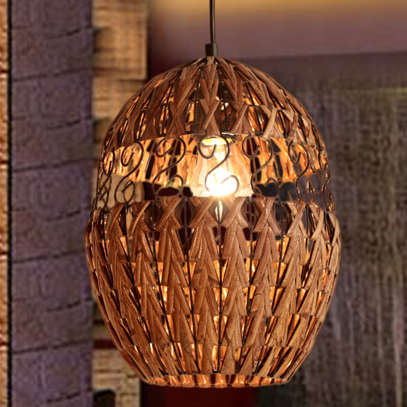 Bamboo Japanese Pendant Light In Brown - Laser Cut 1 Head Ceiling Suspension Lamp