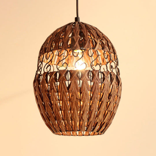 Bamboo Japanese Pendant Light In Brown - Laser Cut 1 Head Ceiling Suspension Lamp