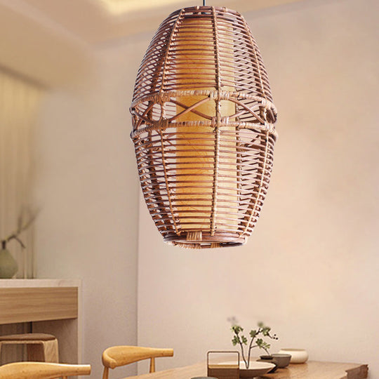 Asia Bamboo Pendant Lamp - Brown Lantern With Parchment Inner Tube Shade