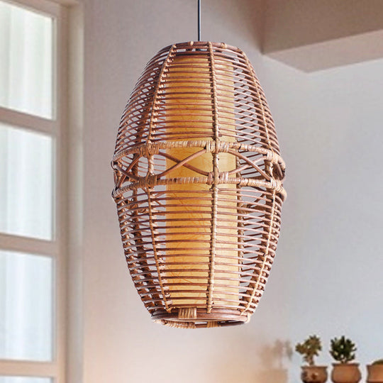 Asia Bamboo Pendant Lamp - Brown Lantern With Parchment Inner Tube Shade