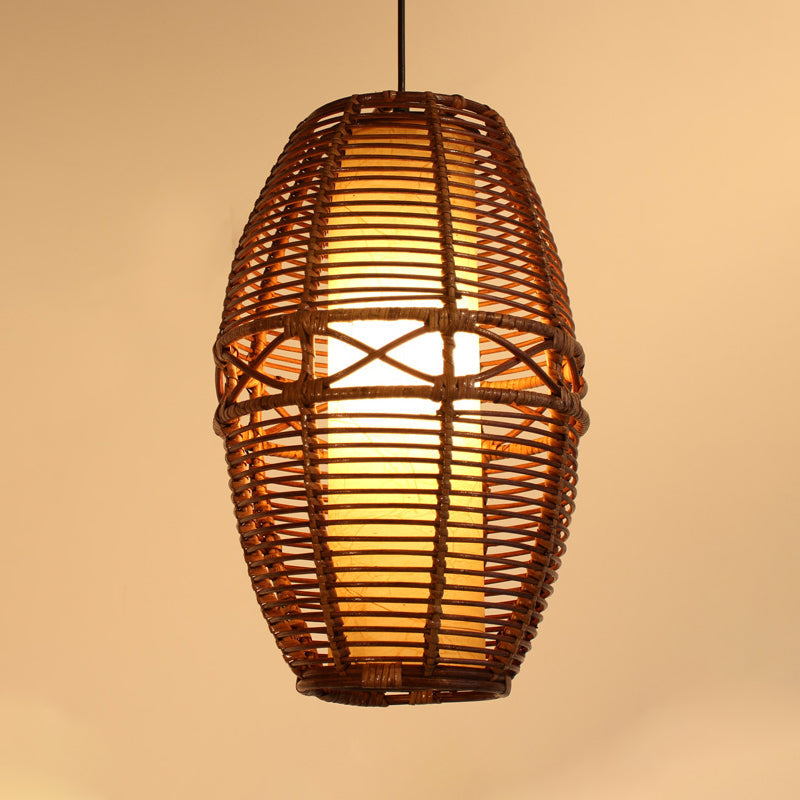 Asia Bamboo Pendant Lamp - Brown Lantern With Parchment Inner Tube Shade