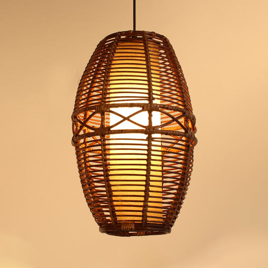 Asia Bamboo Pendant Lamp - Brown Lantern With Parchment Inner Tube Shade