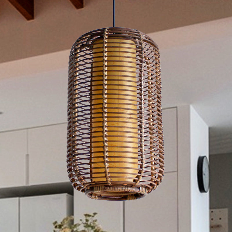 Japanese Bamboo Pendant Light - Cylindrical 1-Head Brown Suspended Lighting Fixture