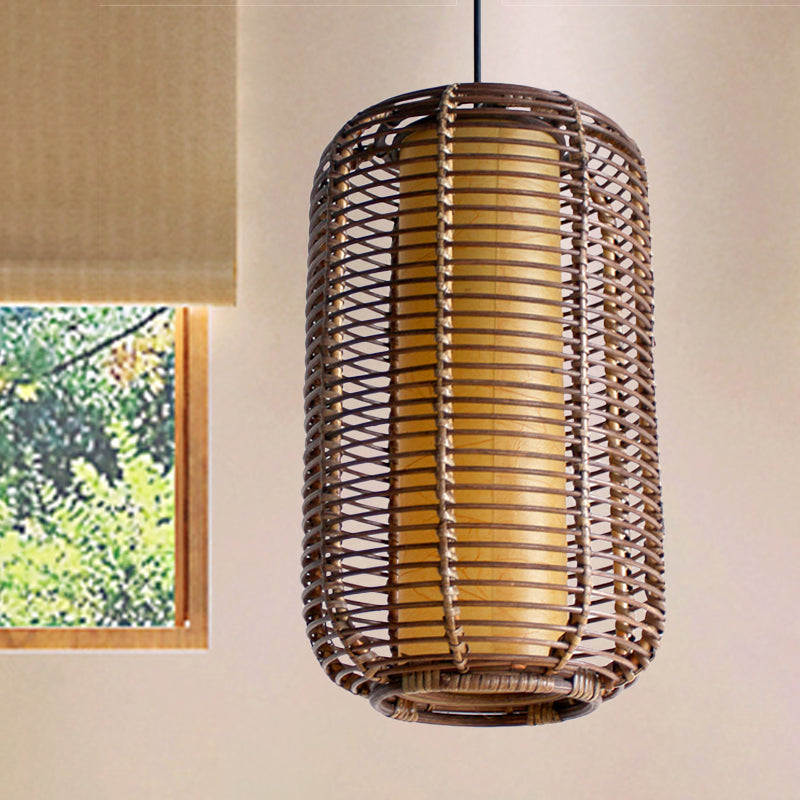 Japanese Bamboo Pendant Light - Cylindrical 1-Head Brown Suspended Lighting Fixture