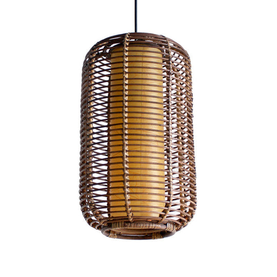 Japanese Bamboo Pendant Light - Cylindrical 1-Head Brown Suspended Lighting Fixture