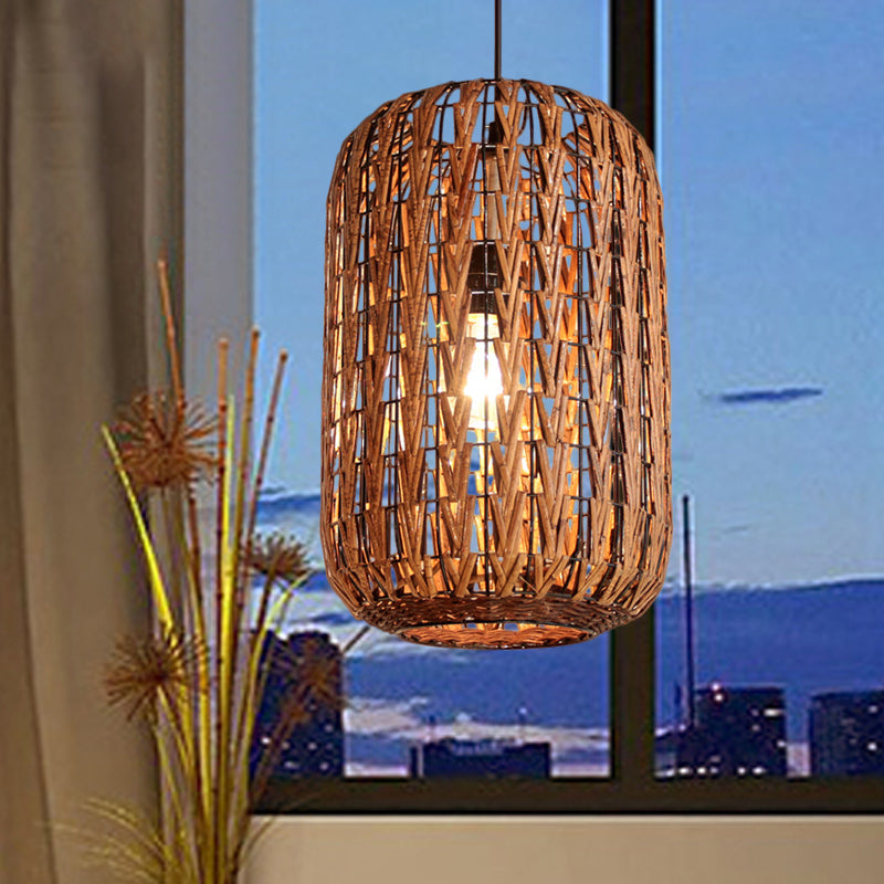 Asian Brown Pendant Light With Rattan Barrel Shade For Restaurants