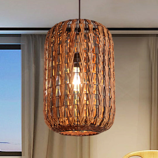 Asian Brown Pendant Light With Rattan Barrel Shade For Restaurants