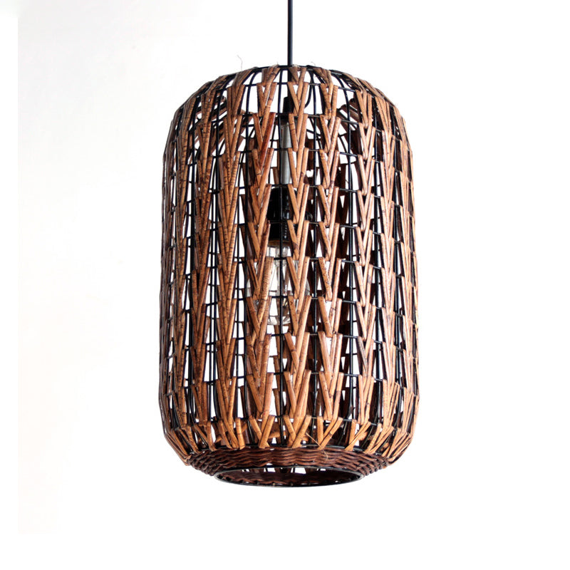 Asian Brown Pendant Light With Rattan Barrel Shade For Restaurants