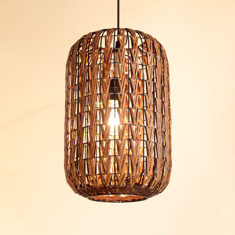 Asian Brown Pendant Light With Rattan Barrel Shade For Restaurants