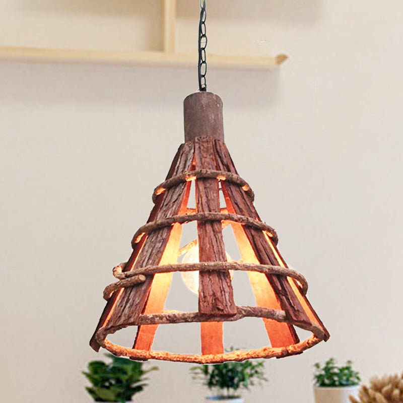 Adjustable Asian Wood Down Lighting Ceiling Light With Red-Brown Finish - 1 Bulb Hanging Chain