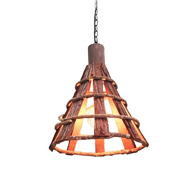 Adjustable Asian Wood Down Lighting Ceiling Light With Red-Brown Finish - 1 Bulb Hanging Chain