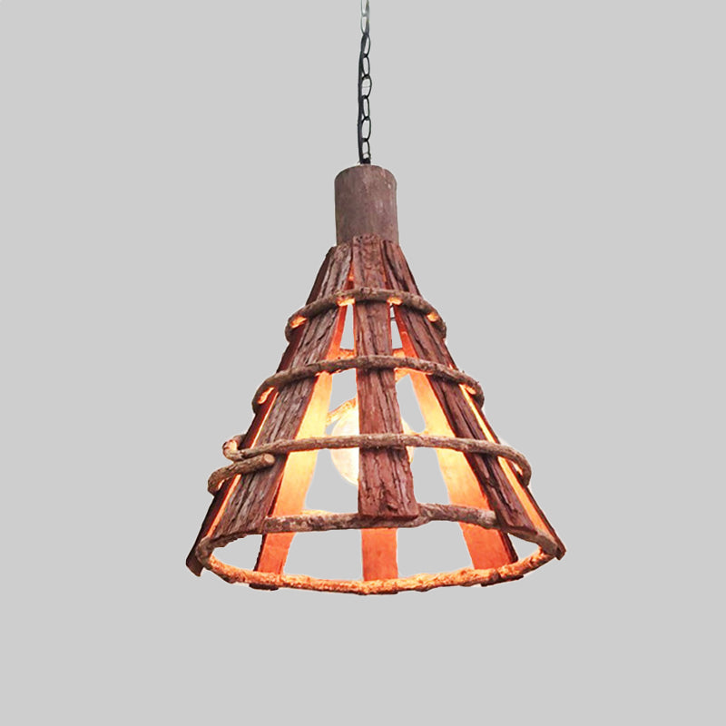 Adjustable Asian Wood Down Lighting Ceiling Light With Red-Brown Finish - 1 Bulb Hanging Chain