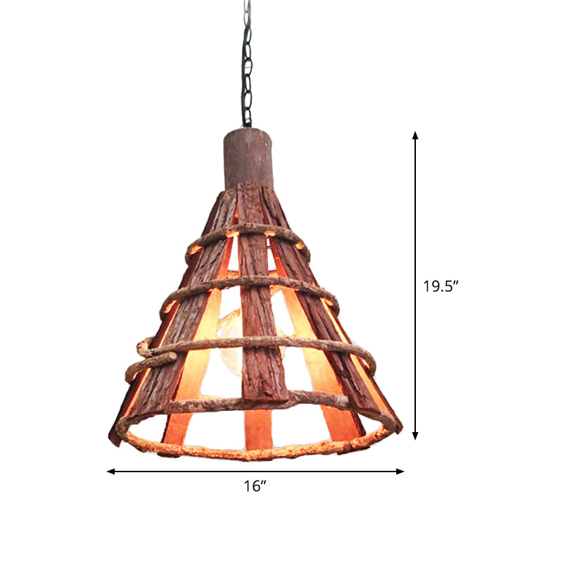 Adjustable Asian Wood Down Lighting Ceiling Light With Red-Brown Finish - 1 Bulb Hanging Chain