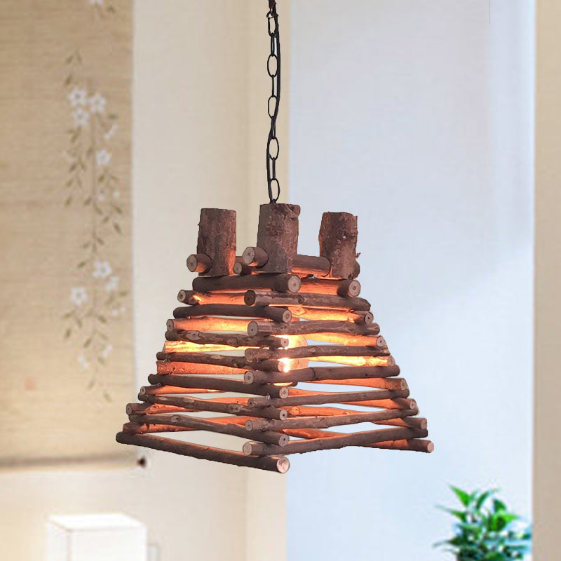 Chinese Wood Shade Hanging Light Fixture In Red-Brown Trapezoid Design