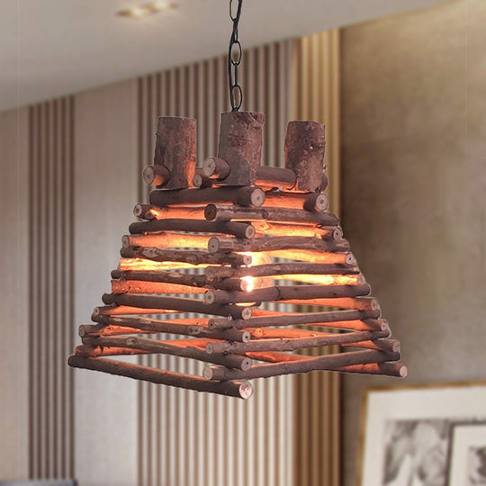 Chinese Wood Shade Hanging Light Fixture In Red-Brown Trapezoid Design