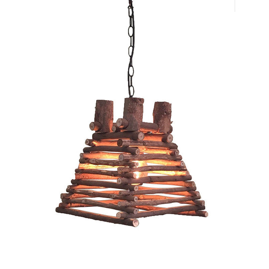 Chinese Wood Shade Hanging Light Fixture In Red-Brown Trapezoid Design