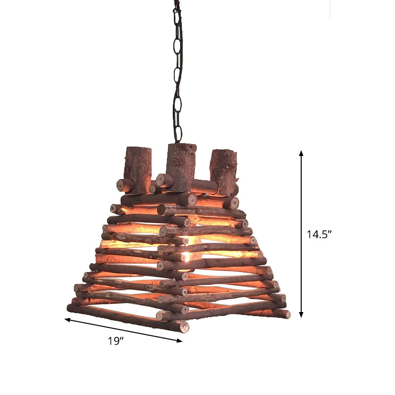 Chinese Wood Shade Hanging Light Fixture In Red-Brown Trapezoid Design