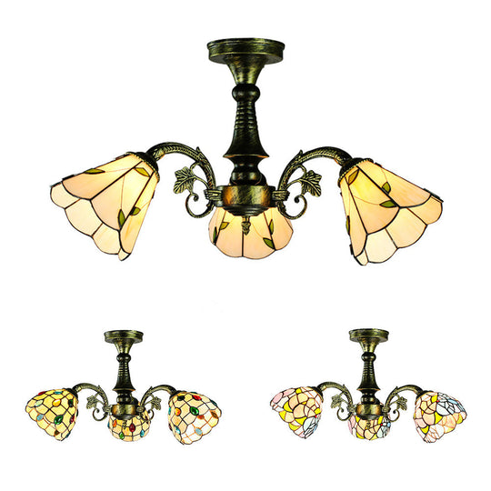 Stained Glass Tiffany Peacock Tail/Leaf/Flower Chandelier Light - Rustic Ceiling Fixture in Antique Bronze for Dining Room