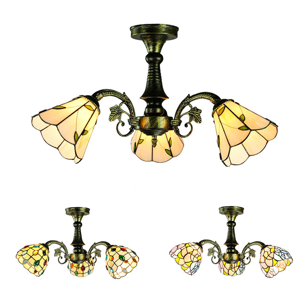 Stained Glass Tiffany Peacock Tail/Leaf/Flower Chandelier Light - Rustic Ceiling Fixture In Antique