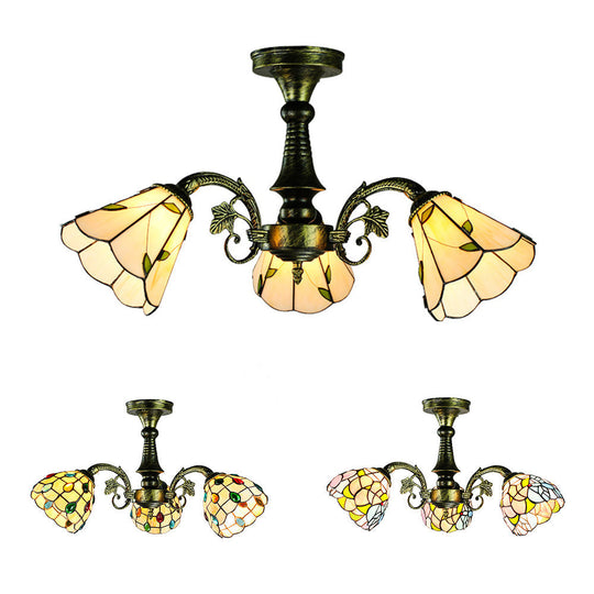 Stained Glass Tiffany Peacock Tail/Leaf/Flower Chandelier Light - Rustic Ceiling Fixture In Antique