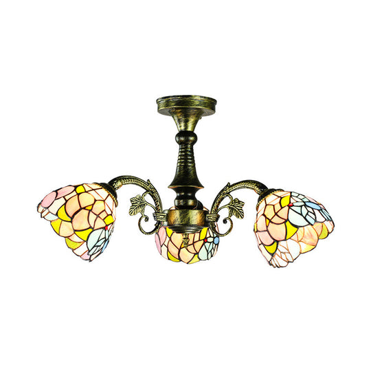 Stained Glass Tiffany Peacock Tail/Leaf/Flower Chandelier Light - Rustic Ceiling Fixture in Antique Bronze for Dining Room