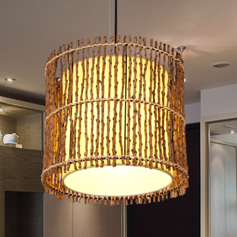 Rattan Cylinder Ceiling Light With Khaki Shade - Asian Pendant Lighting Fixture