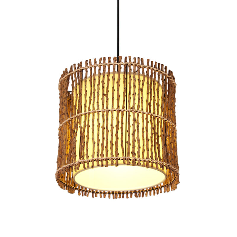 Rattan Cylinder Ceiling Light With Khaki Shade - Asian Pendant Lighting Fixture