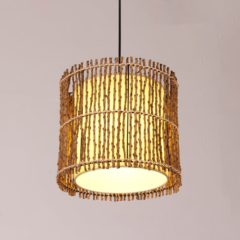 Rattan Cylinder Ceiling Light With Khaki Shade - Asian Pendant Lighting Fixture