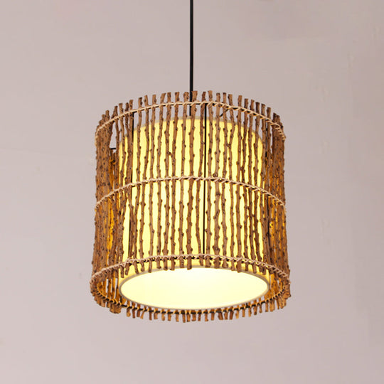 Rattan Cylinder Ceiling Light With Khaki Shade - Asian Pendant Lighting Fixture